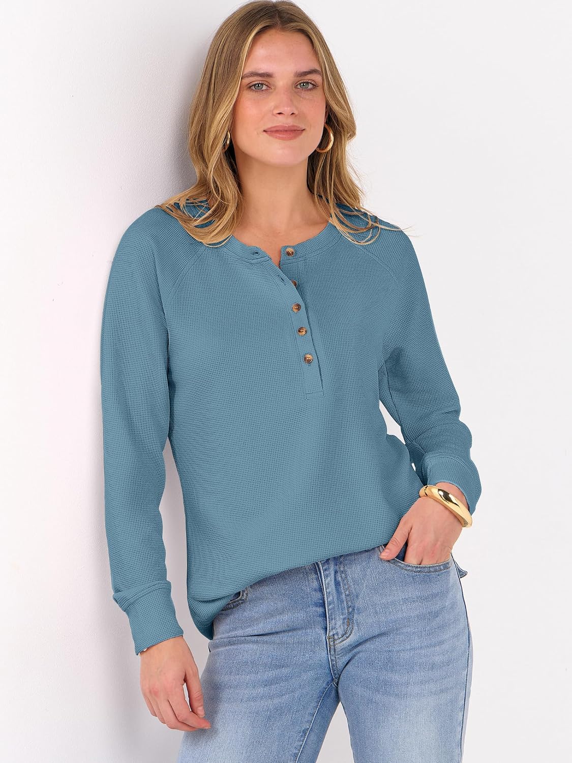 ANRABESS Women's Waffle Knit Henley Top Long Sleeve Shirts - Image 3