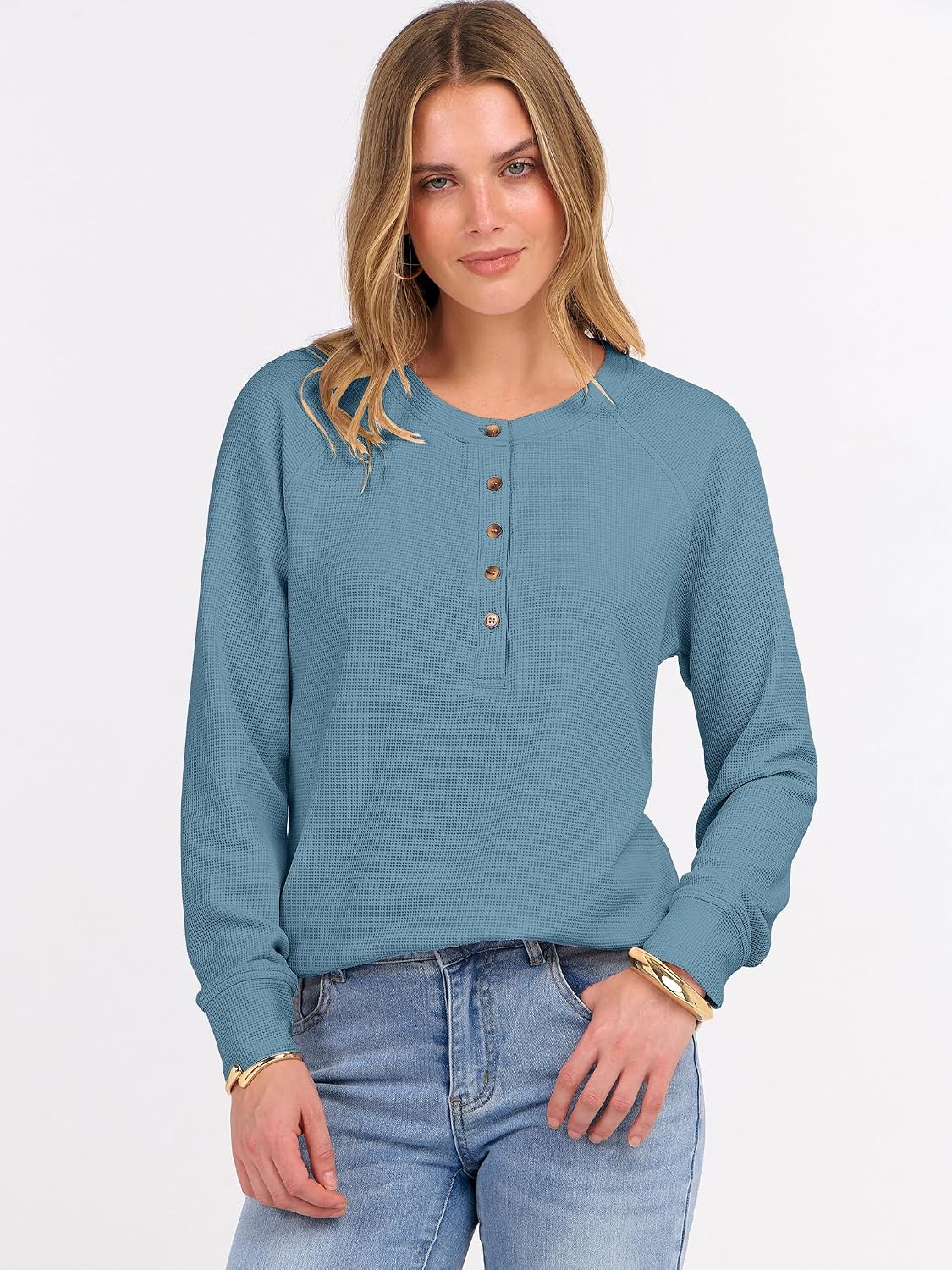ANRABESS Women's Waffle Knit Henley Top Long Sleeve Shirts - Image 4
