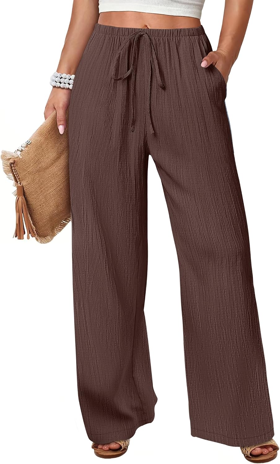 ANRABESS Womens Wide Leg Casual Flowy Elastic Waist Beach Palazzo Pants