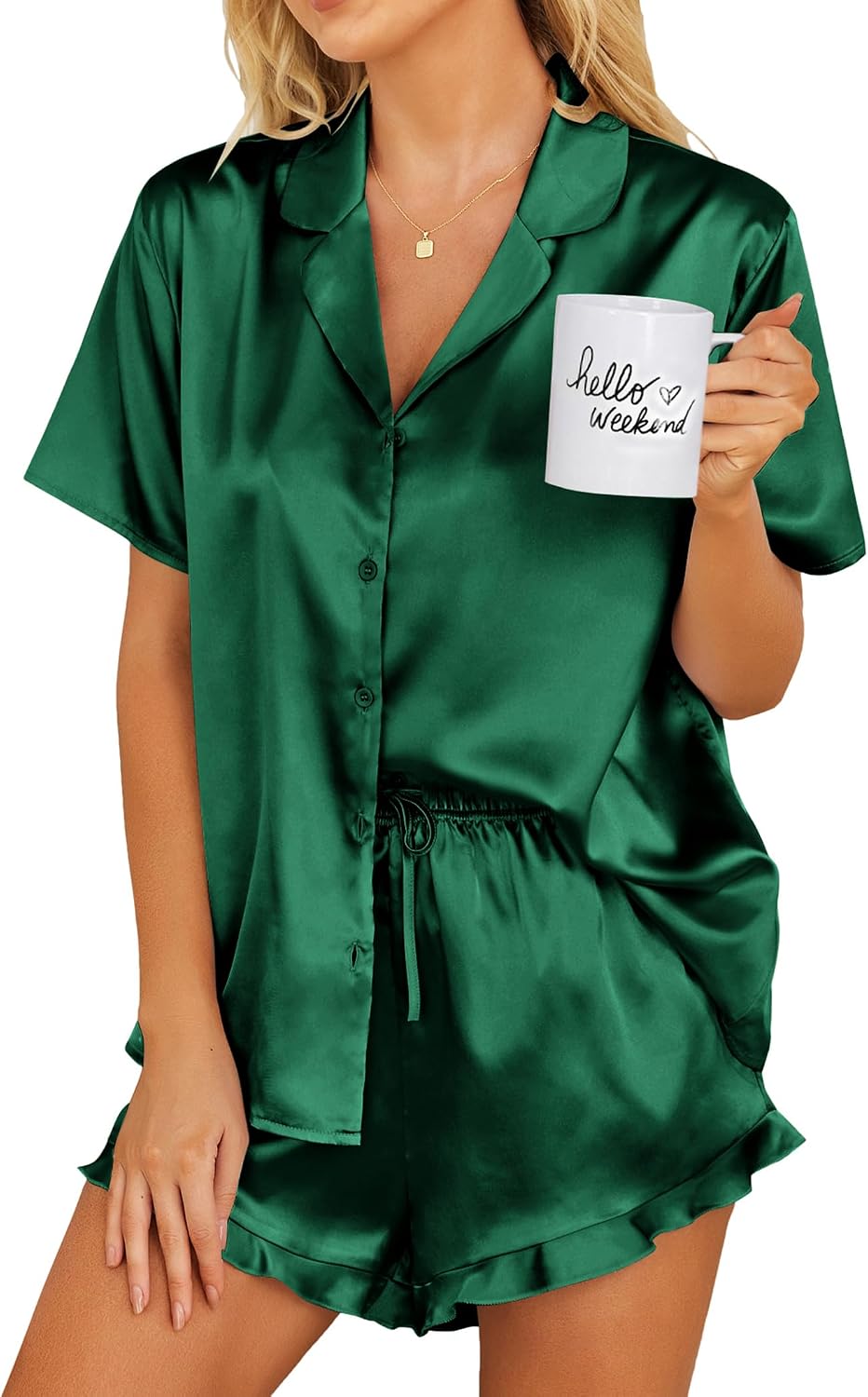 Ekouaer Womens Satin Pajamas Set Button Down Silk Pj Shorts Set with Ruffle