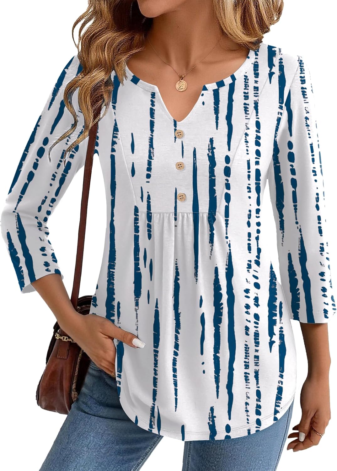 Zeagoo Womens 3/4 Sleeve V Neck Tops Dressy Casual Pleated T Shirts
