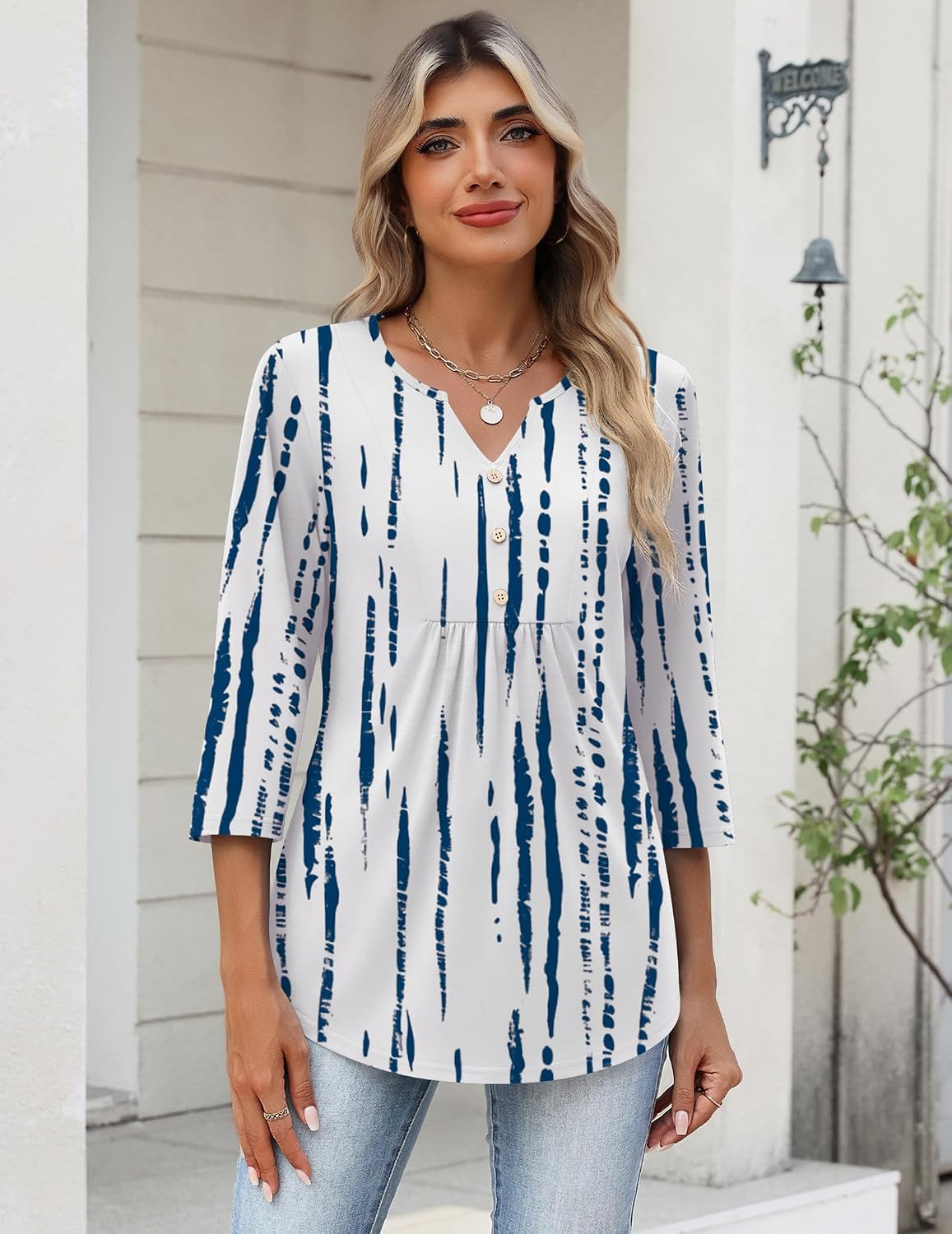 Zeagoo Womens 3/4 Sleeve V Neck Tops Dressy Casual Pleated T Shirts - Image 3