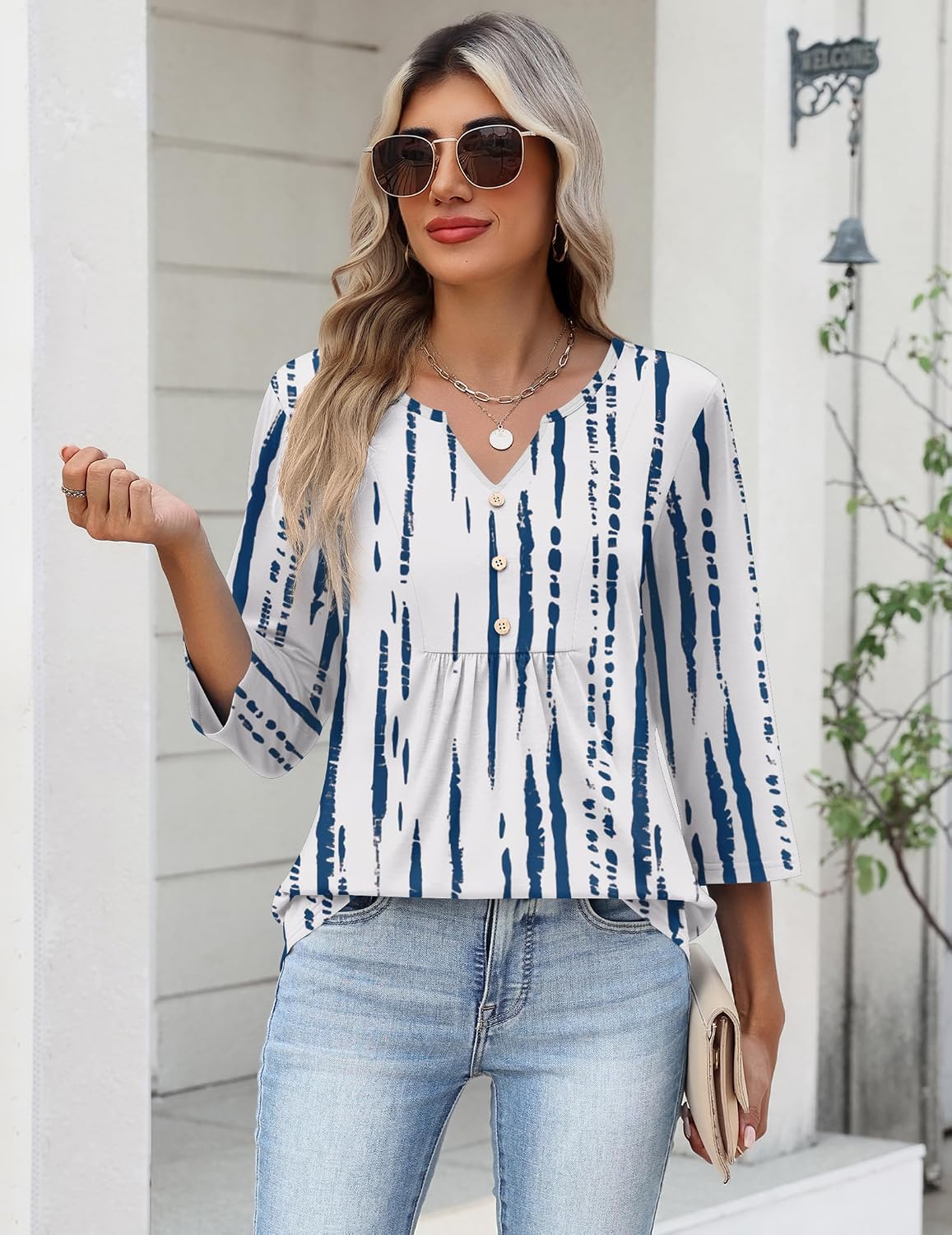 Zeagoo Womens 3/4 Sleeve V Neck Tops Dressy Casual Pleated T Shirts - Image 4