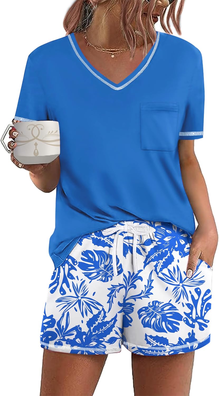 Ekouaer Women's Pajamas Sets Short Sleeve Top and Shorts Pjs Soft Sleepwear