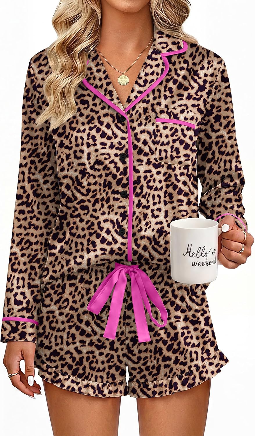Ekouaer Womens Satin Pajamas Set 2 Piece Long Sleeve and Ruffle Shorts