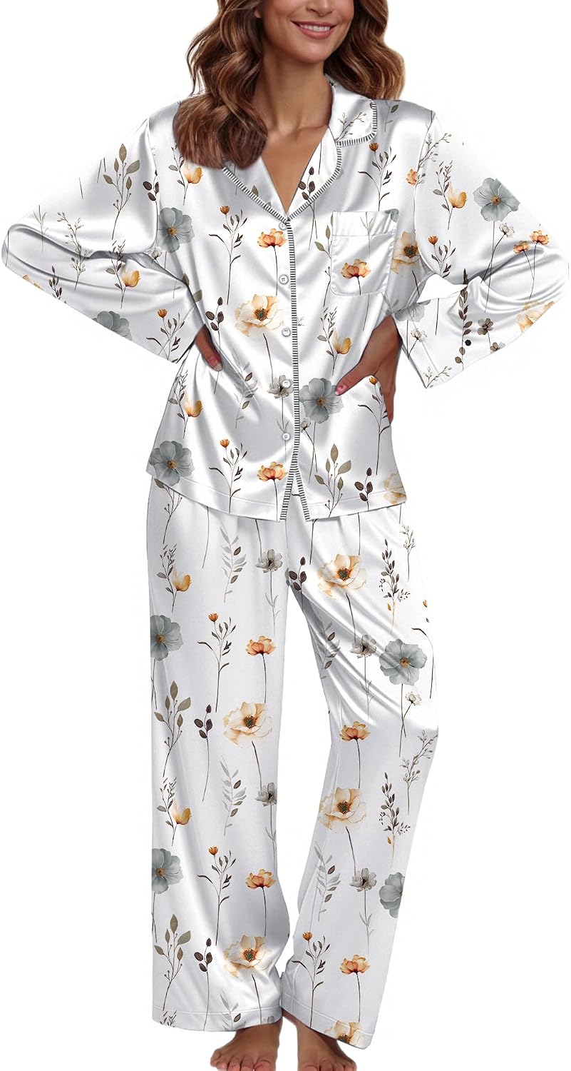 Ekouaer Pajamas For Women Silk Pjs Long Sleeve Button Down Lounge Sets