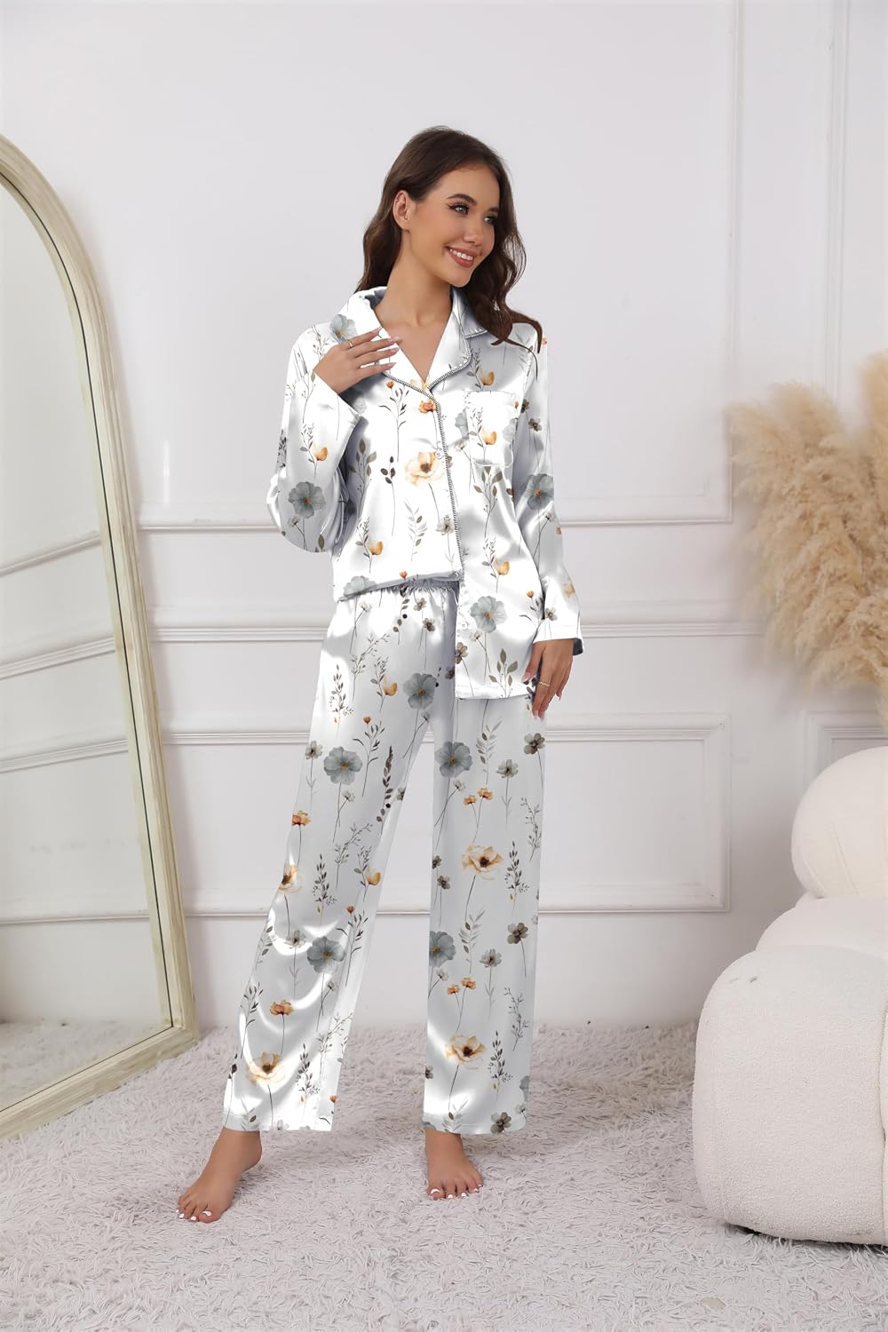 Ekouaer Pajamas For Women Silk Pjs Long Sleeve Button Down Lounge Sets - Image 3