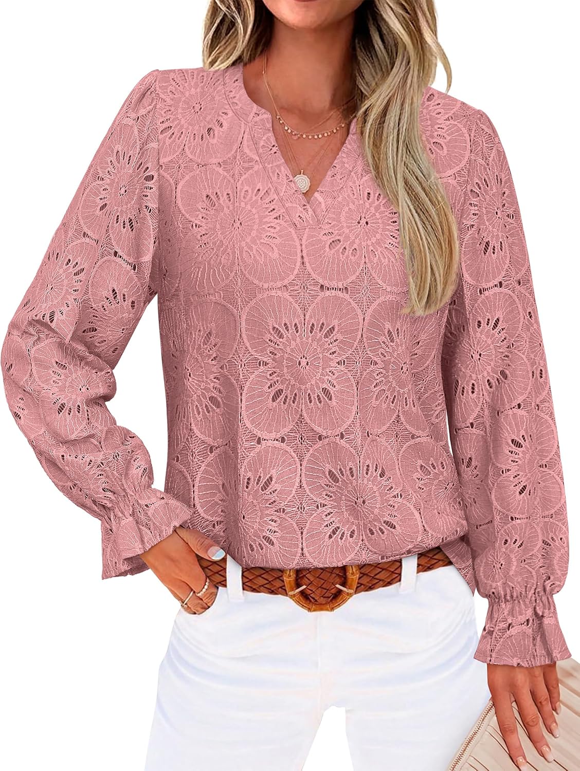 RUMIA Womens Blouses V Neck Eyelet Lace Tops with Lining 2026 Fall Fashion