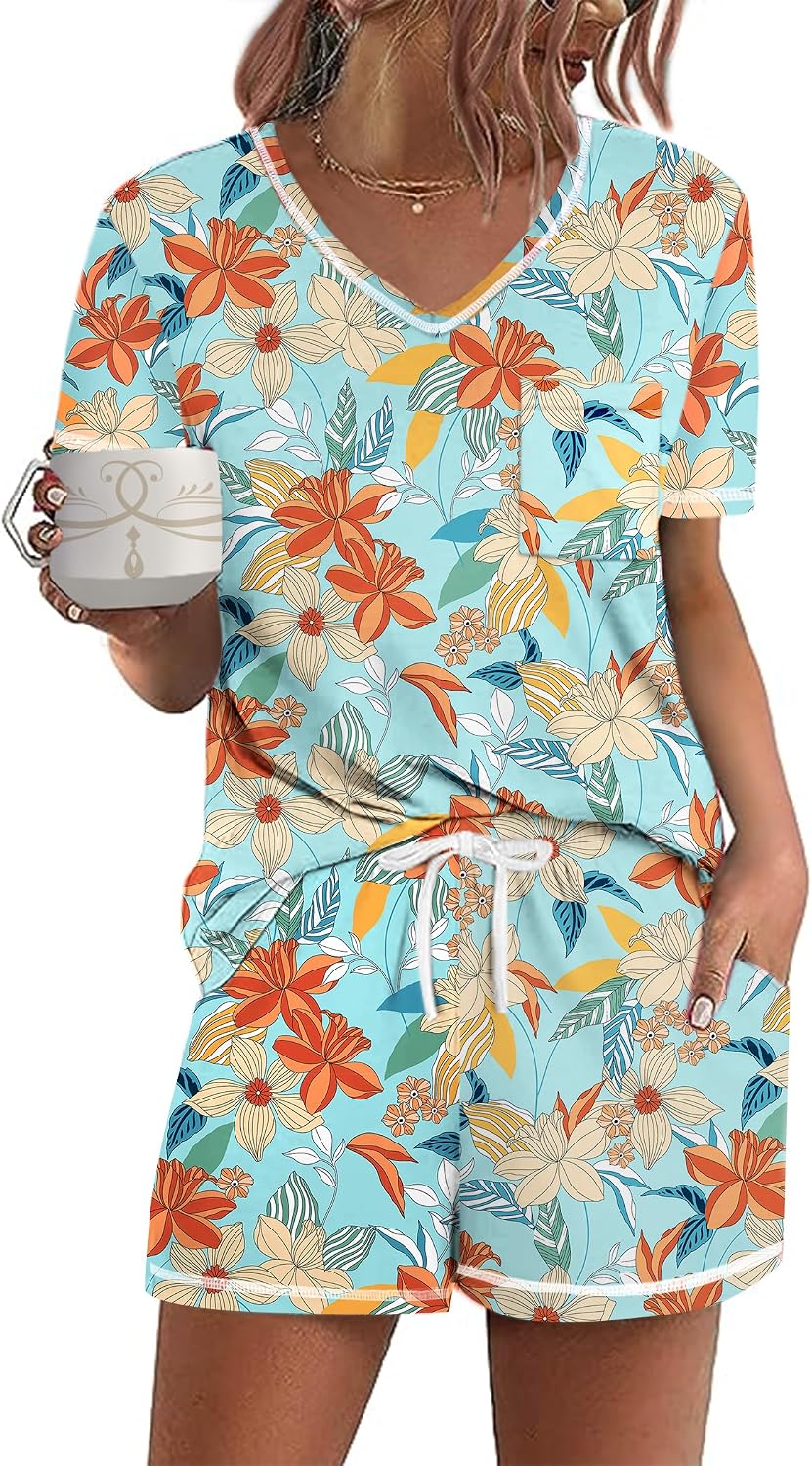 Ekouaer Women's Pajamas Sets Short Sleeve Top and Shorts Pjs Soft Sleepwear