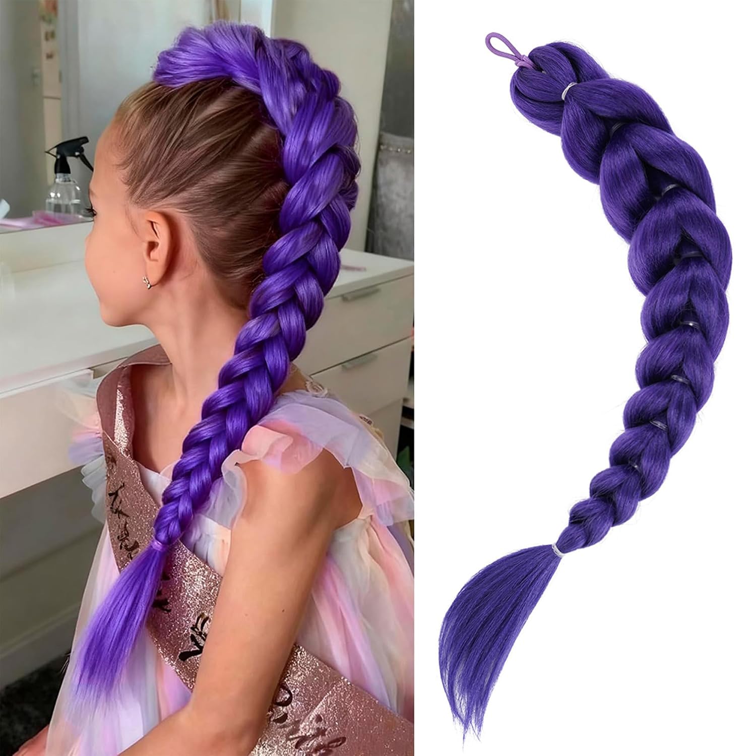 Getgal 24inch Purple Braids Ponytail Hair Extensions Kids Costume for girls