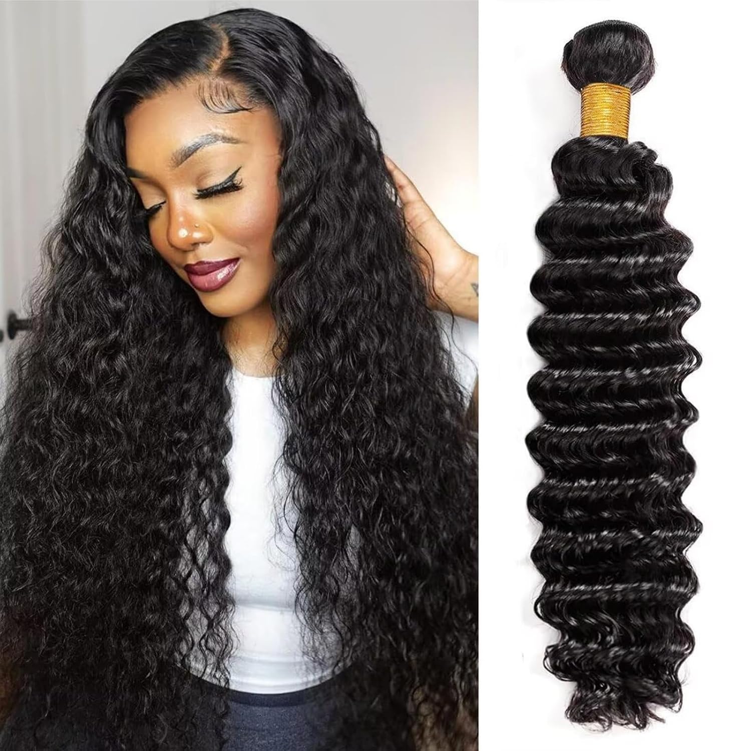 12A Deep Wave Human Hair Bundles 12 Inch 100% Unprocessed Deep Curly Bundles Human Hair Black Women Double Weft Wet and Wavy Hair Natural Color