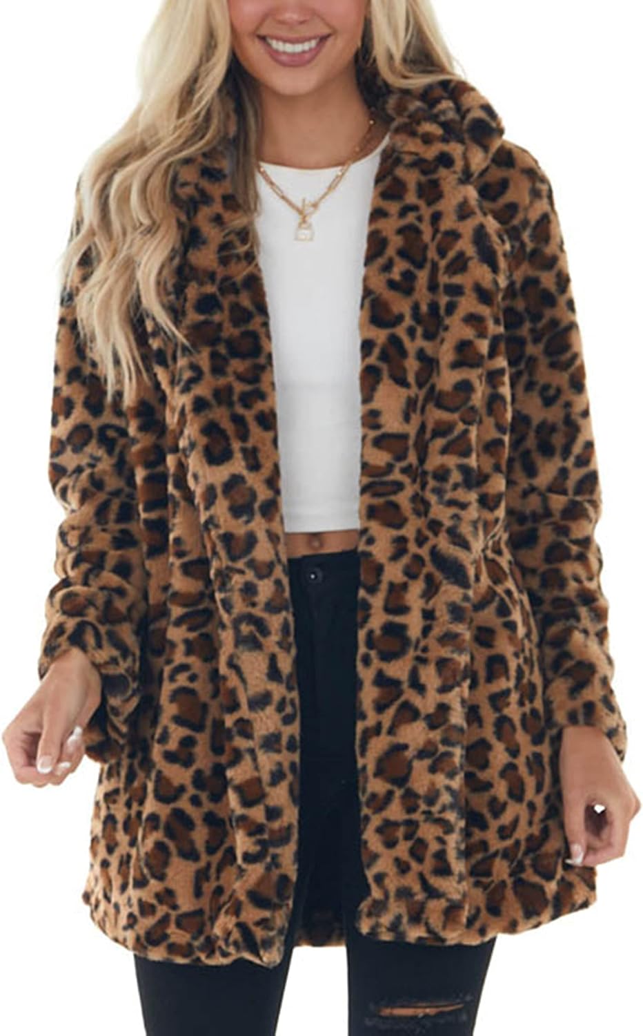 Women's Faux Fur Jackets Leopard Coats Loose Fur Coat with Pockets