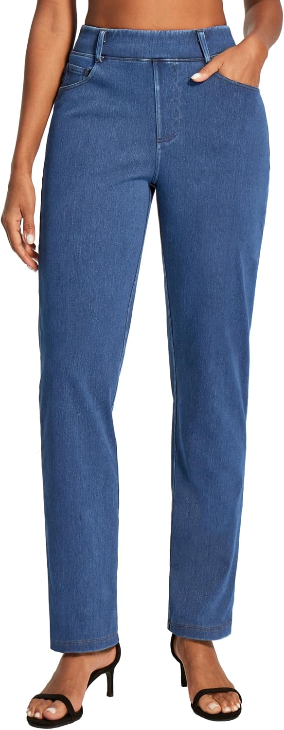 Stretchy Straight Leg Jeans for Women Pull On High Waisted Trendy Denim